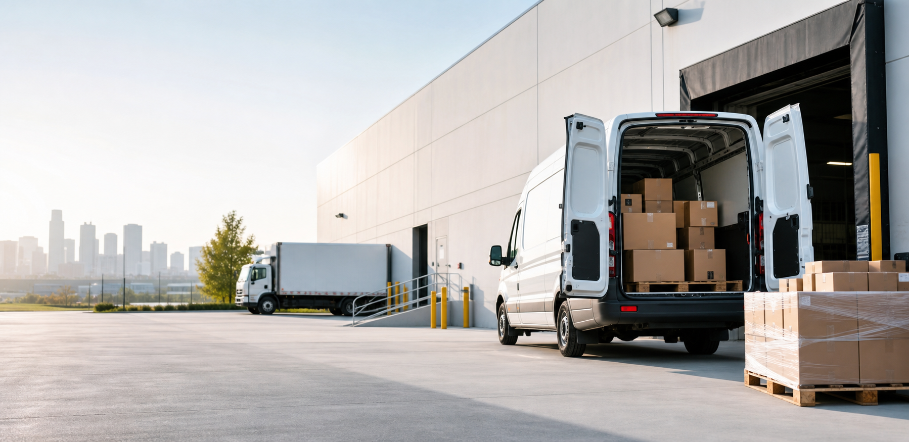 Courier van loaded with business packages at a warehouse dock